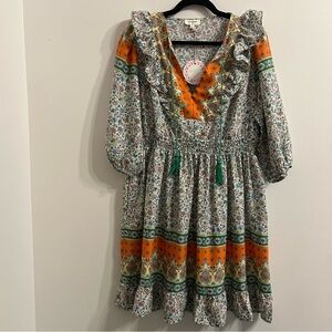 NWT Umgee Floral Bohemian Mini Dress Womens Size Large Empire Waist V Neck Flowy